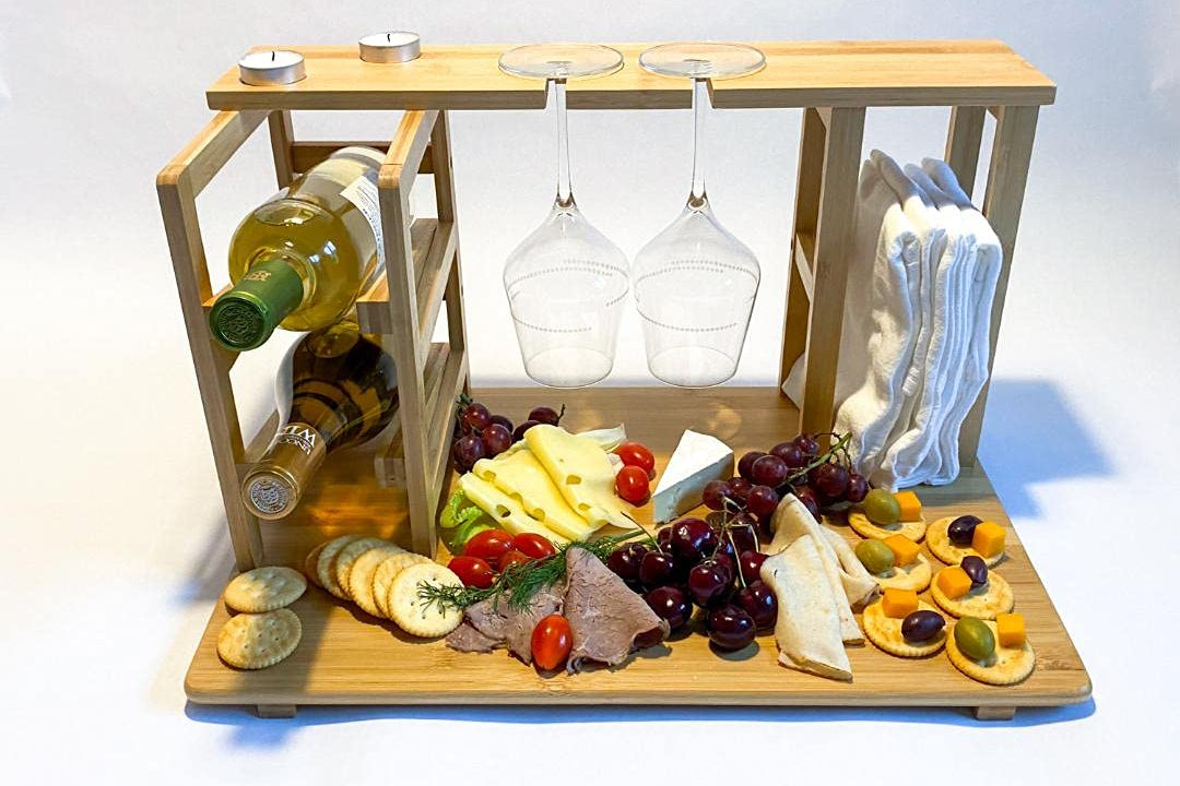 Bamboo Charcuterie Board - Holds 2 Wine Bottle