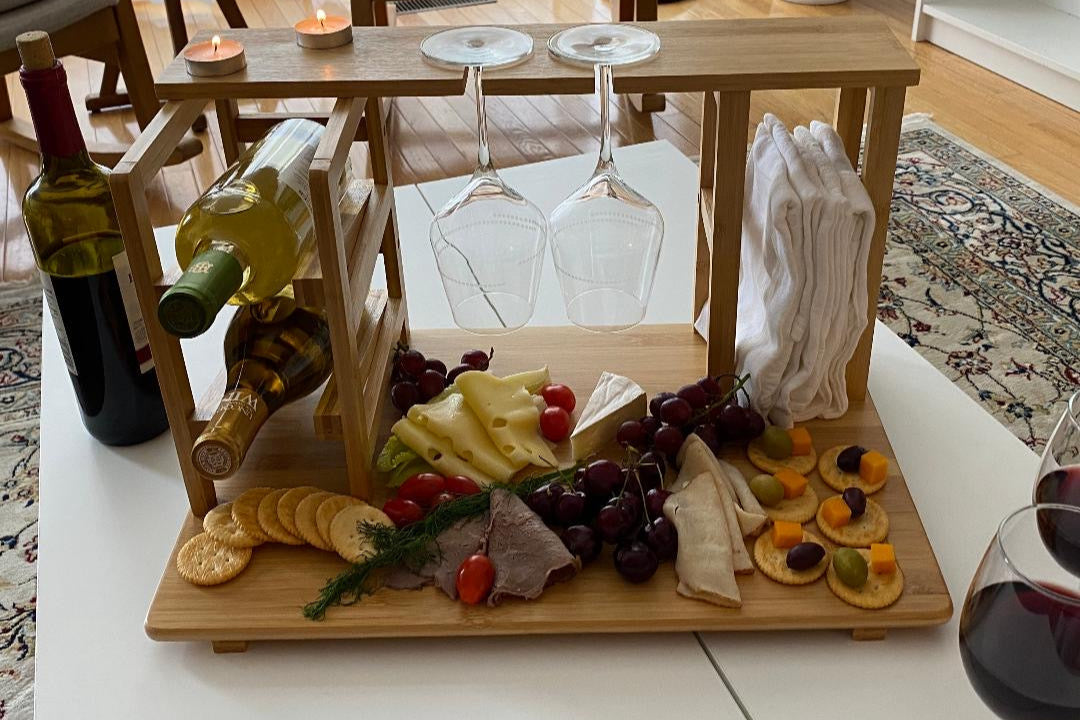 Bamboo Charcuterie Board - Holds 2 Wine Bottle