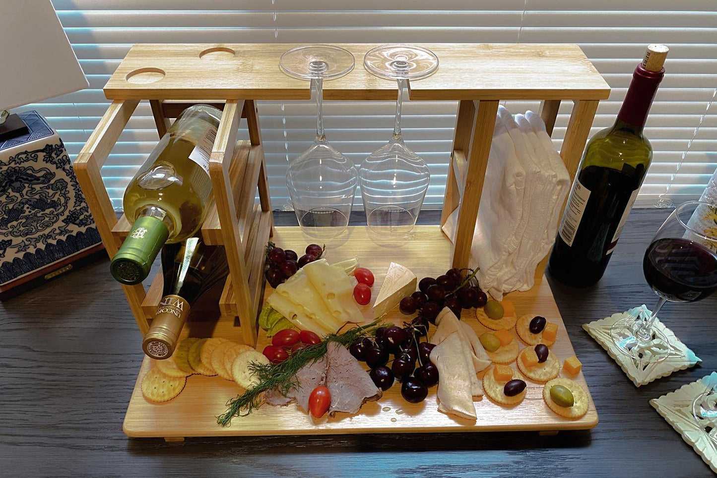 Bamboo Charcuterie Board - Holds 2 Wine Bottle
